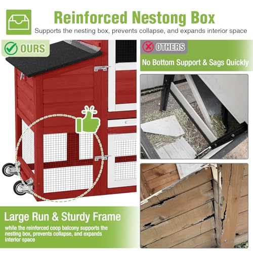 GUTINNEEN Mobile Chicken Coop with Wheels for 2-4 Chickens, Expandable Wooden Hen House with Divided Nesting Box, Reinforced Coop Balcony, Roosting Perch, Metal Pull-Out Tray, 82.4" L (Red) - color: Red, size: 80.7"L x 22.0"W x 44.1"H