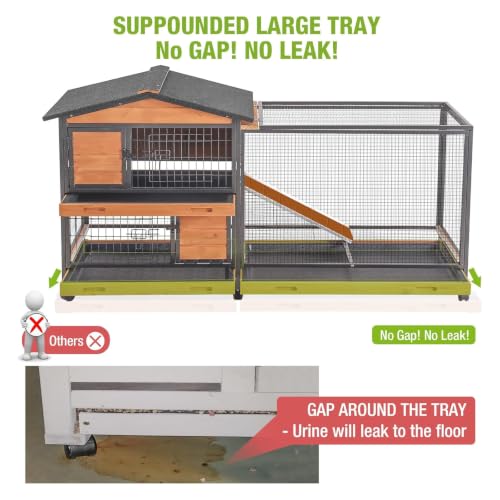 GUTINNEEN Rabbit Hutch with Chew-Resistant Metal Frame Indoor Bunny Cage Outdoor Rabbit Cage with Wheels and Leakproof Tray - color: Wooden Brown