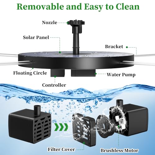 AISITIN 2.5W Solar Bird Bath Fountain Pump, with 6 Nozzles & 4 Fixer | 6.7" Solar Fountain Pump, solar pump for fountain for Garden, Ponds, Pool, Fish Tank, Outdoor and Aquarium