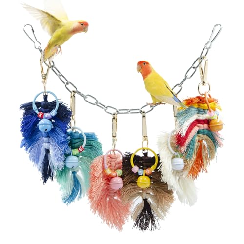 Bird Toys, Multicolor Rope Chew Toy with Metal Hook and Bells, Parakeet Toys, Bird Cage Accessories for Budgies, Cockatiels, Lovebirds, Green Cheeks, Small to Medium Birds