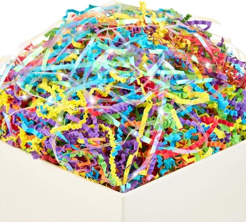 PAPER FAIR Iridescent Rainbow Easter Grass Crinkle Cut Paper, 5OZ Raffia Tissue Paper Filler Shred Strand Craft Bedding Cushion, Anniversary, Back to School, Birthday for Gift Basket Boxes - color: Iridescent Rainbow