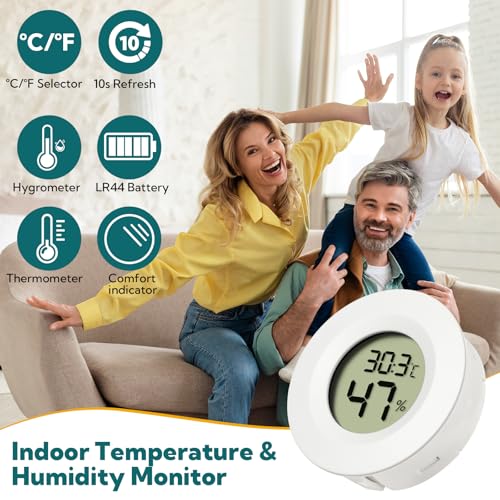 4-Pack Mini Hygrometer Thermometer Digital Humidity Meter Indoor/Outdoor Humidity Monitor with Temperature Sensor for Reptile Terrariums, Jars - Fahrenheit/Celsius White