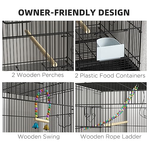 PawHut Double Stackable Bird Cage with Stand for Canaries, Lovebirds | Wooden Swing, Rope Ladder & Wheels, Budgie Cage, Storage Shelf, Removable Tray, Wooden Perches & Food Containers, Finches