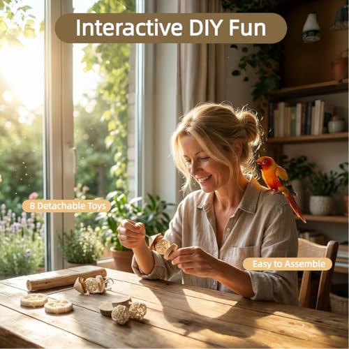 Bird Swing Perch with Chew Toys for Small Parrots, Cage Accessory | Natural Pear Wood 2PCS Bird Cage Set with Perch, Hanging Swing & Chew Toys for Conures, Cockatiels & Small Parrots