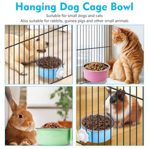 kathson Crate Dog Bowl, Removable Stainless Steel Hanging Pet Cage Bowl Food & Water Feeder Coop Cup for Cat, Puppy, Birds, Rats, Guinea Pigs (2 PCS, Size: M, Green and Pink) - color: Size: M (Green, Pink), size: 2 PCS