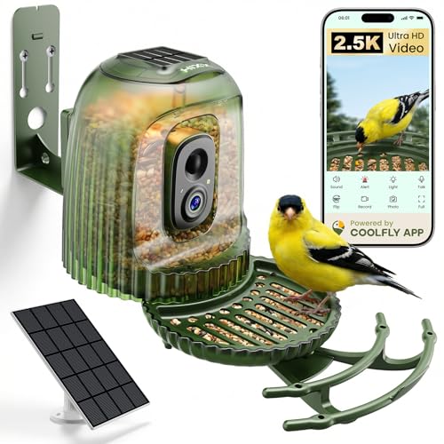 HIXX x COOLFLY Bird Feeder with Camera Solar Powered, Free AI Bird ID | 2.5K UHD, Auto Capture Recording Videos, Instant Alerts, Solar Night Light, Seed Guard Tray, Wall/Tree Mount/Freestanding - color: MultiColorLight