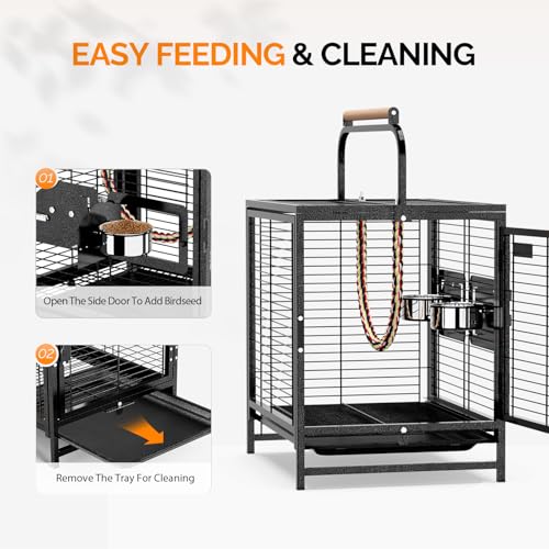 VINGLI Small Bird Cage, 19 inch Travel Carrier Bird Cage with Handle, Wrought Iron Parakeet Cage with Wooden Perch for Parrot Lovebirds Finches Small/Medium Birds (Hammertone Black) - color: Hammertone Black
