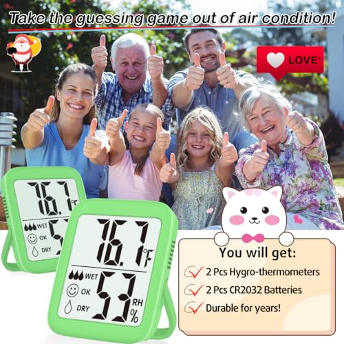 2 Pack Room Thermometer Indoor Hygrometer | Monitor Temperature & Humidity, Accurate, Fast Read, Easy To View, Magnetic/Kickstand/Hanging, ℉/℃, w/ Battery, Compact - color: 2 Pcs* Natural Green