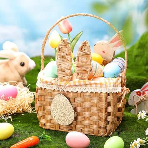 DoubleFill 1pcs Wicker Easter Basket Wicker Picnic Basket with Tag Empty Rattan Bunny Basket with Handles & Liner Willow Hamper Basket for Eggs & Candy Storage Fruit(Yellow Plaid) - color: Yellow Plaid