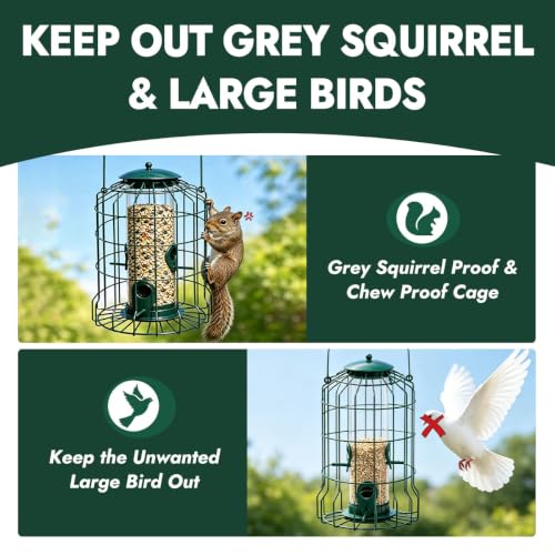 Squirrel Proof Bird Feeder, Metal Caged Outdoor Hanging Seed Feeder with Rainproof Cover & 4 Feeding Ports, Chew Proof Weather Resistant Easy Clean Garden Yard Feeder for Small Wild Birds