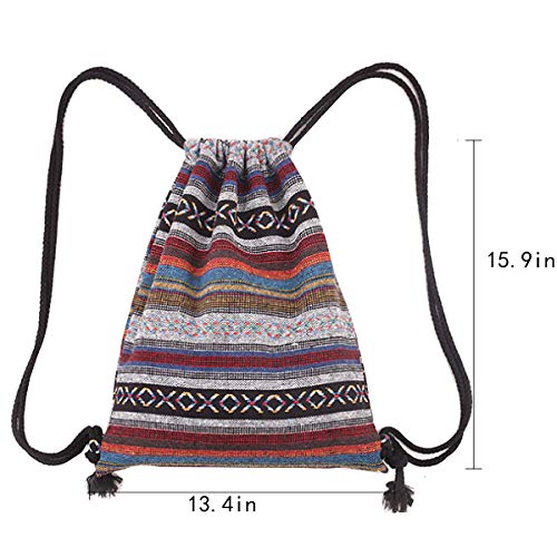 Van Caro Bohemian Drawstring Backpack Light Cinch Bag Gym Sack String Bag (Color 2) - color: Color 2
