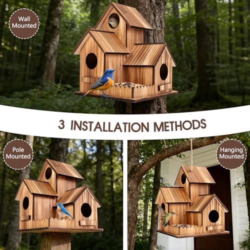 Bird Houses for Outside, Outdoor 3-Hole Large Birdhouse Bird Feeder for Bluebirds, Finches, Cardinals and Yellow Finches, Wooden Hanging Edible Wild Bird Nest Garden Decorative
