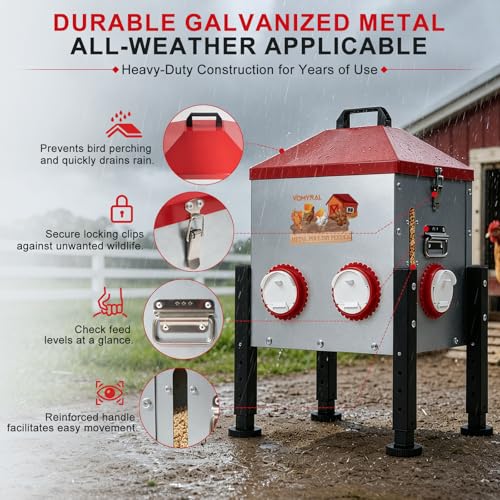 Automatic Chicken Feeder, 40LB Large Metal Poultry Chick Feeder with 6 Port | No Waste Metal Rat Proof Design With View Window And Adjustable Legs For Chickens, Ducks & Geese. Ideal Chicken Coop Feeder - size: 6 Ports - Max 40 lb