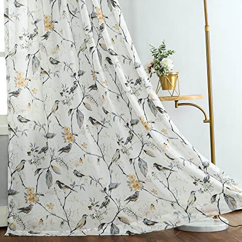 Botanical Birds Print Sheer Curtains, 52 x 63, Grey, 1 Panel, Gray | Soft Smooth Feel, Airy Window Drapes, Nature Inspired Design, for Living Room and Dining Room Windows - color: Grey-sheer, size: 52"W x 63"L (Pack of 1)