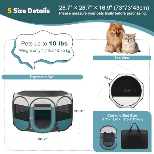Portable Pet Playpen for Cat Dog: Foldable Cat Playpen Enclosed Pet 10lbs | Small Puppy Kitten Pop Up Collapsible Tent Crates Kennel Carry Bag 600D Oxford Waterproof Base Indoor Outdoor Travel Camping - style: S [28.7" × 28.7" × 16.9"]