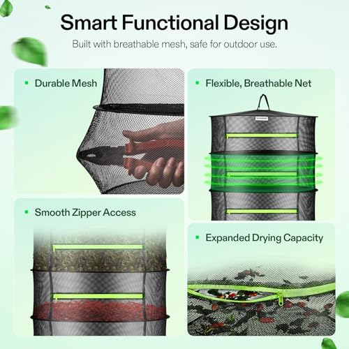 VIVOSUN 4-Layer Mesh Drying Rack Hanging Design with Green Zippers for Dehydrating, Indoor and Outdoor Pruning Shears Included - size: 4 Layer, style: 1 Pack