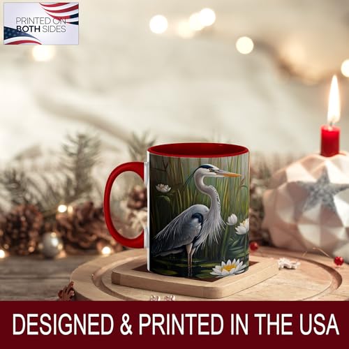 Great Blue Heron Art Coffee Mug, Wildlife Bird Lover Mug, Marsh Scene with Water Lilies & Reeds, Nature-Inspired Drinkware for Outdoor Enthusiasts, Ceramic Cup with Red Handle - Spring & Summer(Heron) - color: Blue Heron