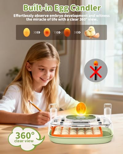 24 Egg Incubator with Automatic Turner Poultry Hatcher | Digital Temp Humidity Monitor, Low Humidity Alarm, External Water Bottles, Built-in Egg Candler for Chicken, Duck&Quail Eggs - color: Green