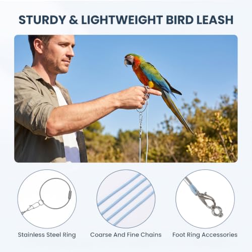 Bird Leash with 5 Different Size Foot Ring Parrot Flying Harness | Lightweight Elastic Bird Leashes Leg Band Outdoor Training Traction Rope for Macaw African Greys Parakeet Cockatoo Sun Conure