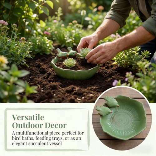 2 Pack Ceramic Bird Bath for Outdoors, 5.5" Ground Birds Bath Bowl for Outside, Heavy Duty Wild Bird Feeders, Feeding Tray Food Holder for Balcony Garden Lawn Patio Decor Tabletop, Green
