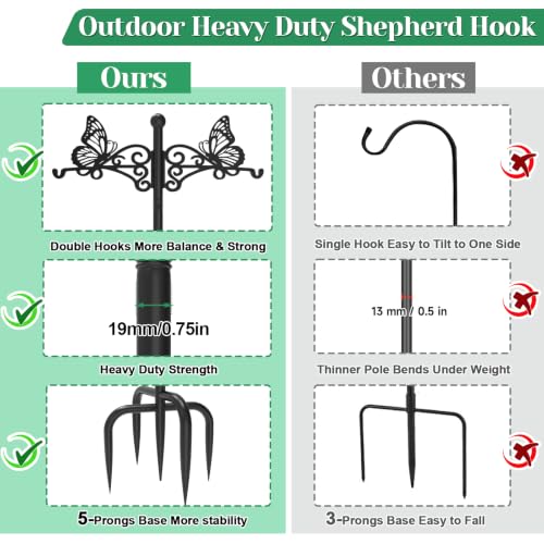 2Pcs Double Shepherds Hooks for Outdoor, 88" Adjustable Heavy Duty Bird Feeder Pole with 5-Prong Base & Butterfly Design, Shepherds Hooks for Garden Wedding Hanging Plant Lantern Wind Chime - color: Black-2