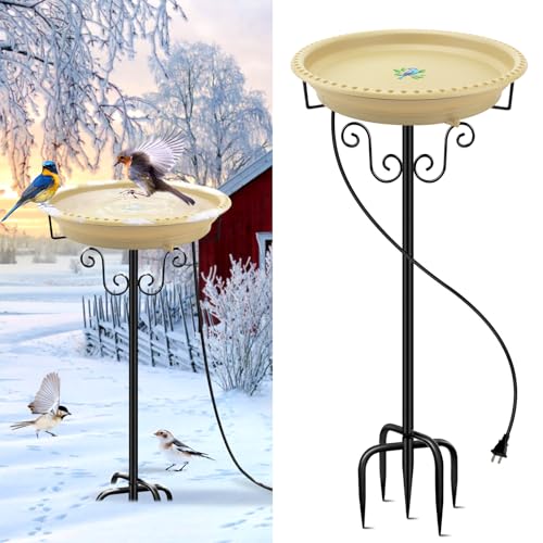 Lovppy Heated Bird Baths for Outdoors for Winter, 100W Heated Birdbath Water Heater with Thermostatically Controlled, Heated Bird Baths Bowl with Metal Stake for Outside Garden Patio Yard (Khaki) - color: Khaki