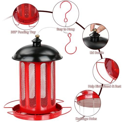 Bird Feeder, 4LB Large Capacity Bird Feeders for Outdoor Hanging | Heavy Duty Metal, 4 Perches, With Drain Holes, Wild Birdfeeder, For Outside Garden Yard Decor, Retro Lantern Shape - color: Red
