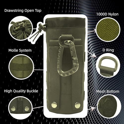 Tactical Water Bottle Pouch, Anti-Swing, MOLLE Belt Loop, 18-25oz | 3-Way Attach: MOLLE, Belt & D-Ring | 1000D Nylon | Mesh Drain Bottom | For Hiking, Hunting, Camping - color: Green