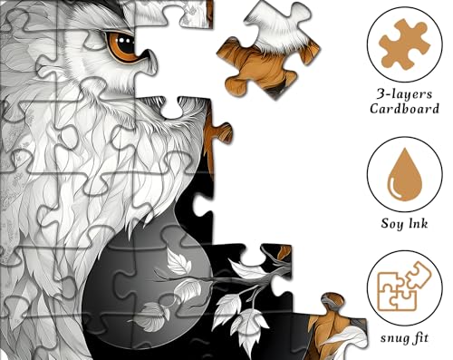 Yin Yang Owl Jigsaw Puzzle 1000 Pieces for Adults,Unique Bird Jigsaw Puzzle Features Dual Owl Balance, Black and White Animal Puzzle,Impossible Owl Home Wall Decor - style: PT-1018-Round Yin Yang Owl Puzzle