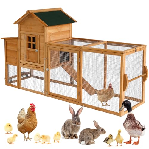 Chicken Coops for 1-2 Chickens with Wheels, Outdoor Wooden Hen House with Nesting Box, Large Rabbit Hutch, Outside Poultry House, Wire Fence Run Cages, Weatherproof for Backyard(Wooden) - size: 80.3"L x 24.2"W x 39.0"H