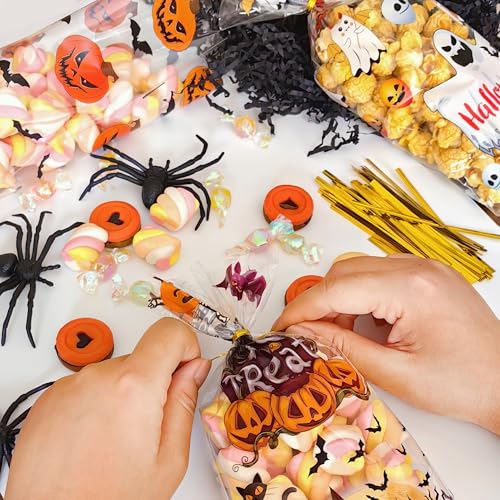 Soarvita Halloween Treat Bags – 100pcs Clear Goodie Bags with 110pcs Twist Ties for Candy Cookies and Gifts Packaing, Halloween Trick or Treat Party Favors Wrapping - color: Halloween-100pcs