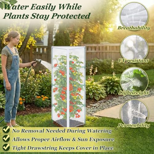 3PCS Garden Bird Netting for Triangle Tomato Cage with Zipper & Drawstring | 55" x 17.7" Inch Reusable Fine Mesh Plant Covers for Tomatoes, Fruits and Climbing Vines - size: 17.7x17.7x55in