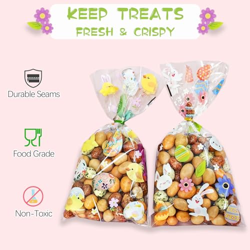 QOIUSO 100pcs Easter Treat Bags: Clear Easter Cellophane Bags for with Twist Ties for Candy Goodie Cookies Sweet and Gifts Packaging - 4 Style Plastic Party Favors Bags - color: Easter-100pcs