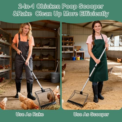 Chicken Poop Scooper & Rake 2-in-1，Litter Sifting Shovel，Metal Chicken Coop Scoop with Adjustable Handle(34" to 65") for Chicken Run, Animal Farm, Duck Coop Black