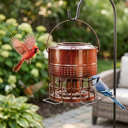 Solution4Patio 8-10LB Bird Feeder, Metal Wild Birdfeeder with 32 Access Holes & 2 Perches, Locking Top Helps Reduce Squirrel Stealing, Rust-Proof Hanging Design for Cardinals & Finches - color: Glazed Red