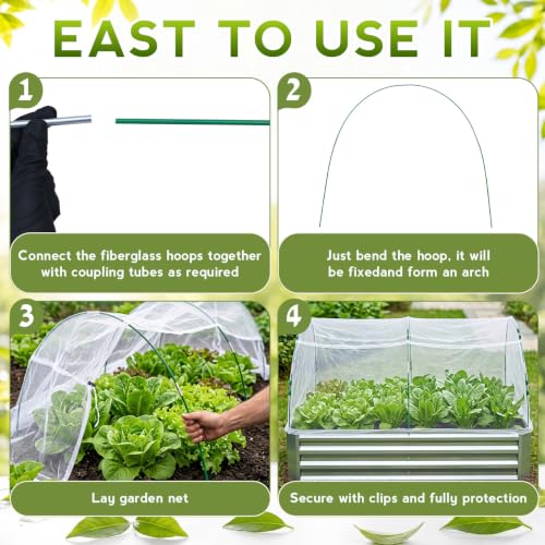 4 Pack Garden Netting Kit for Raised Beds 4x2ft Raised Garden Bed Net with Fiberglass Hoops Drawstring Clips for Plant Mesh Vegetables Fruits Flowers Enclosure Pests Bird Barrier