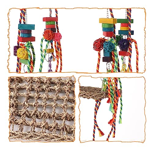 Bird Foraging Wall Toy, Parrot Chewing Toys Seagrass Woven Hammock Swing Mat with Colorful Ropes Wooden Blocks for Parakeets, Lovebirds, Cockatiels, Conures (Hammock Swing) - style: Hammock Swing