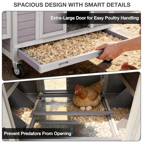 GUTINNEEN Large Chicken Coop with Wheels for 6-8 Chickens, Mobile Wooden Hen House with 2 Nesting Boxes, Removable Tray, Weatherproof Roof, Expandable Outdoor Poultry Cage - size: 67.3"L x 40"W x 49.8"H