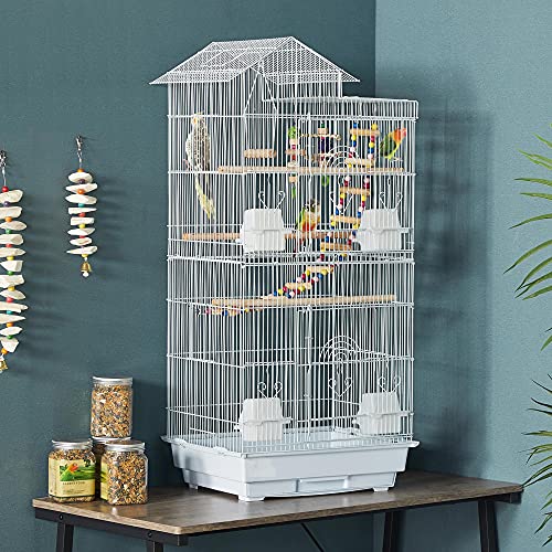 Yaheetech 39-inch Roof Top Medium Parakeet Bird Cages for Cockatiels Conures Finches Budgies Canaries Lovebirds Parakeets Green Cheek Small Birds Parrots, Travel Flight Birdcage w/Toys, White - color: White