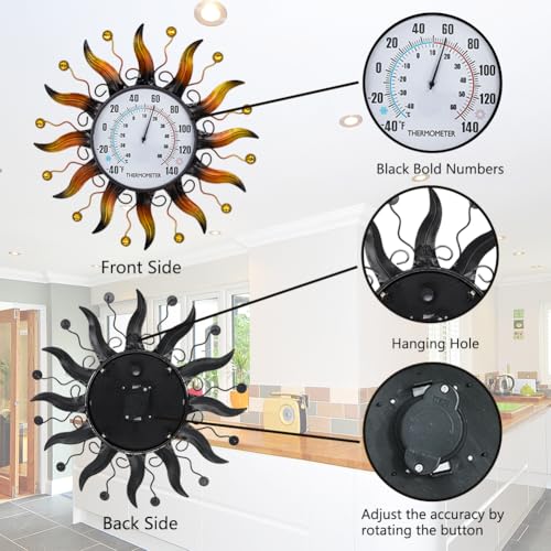 VEWOGARDEN 13.5 Inch Metal Sun Outdoor Thermometer Waterproof Decorative Wall Indoor Outdoor Thermometer for Patio, Garden & Home Decor - style: Sun(yellow)