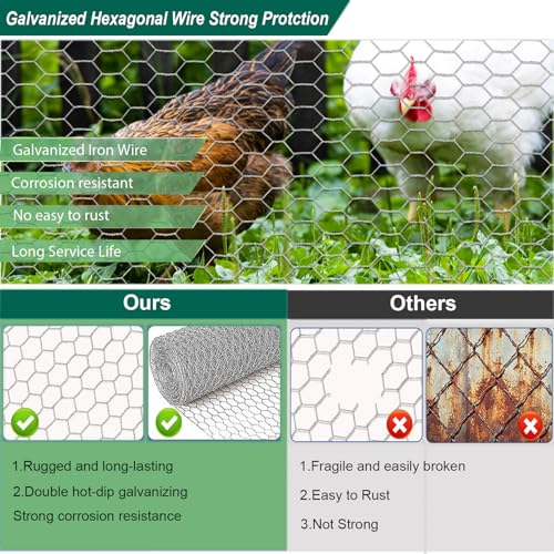 Chicken Wire Fencing, 16 in x 396 in(40cm x 10m) Chicken Wire Mesh Roll, 0.6 in Mesh Poultry Wire Netting, Anti-Rust Hexagonal Galvanized for Chicken Coop Crafts Garden Fence with 100 Zip Ties - size: 16 x 396 Inches-0.6 Inch Mesh