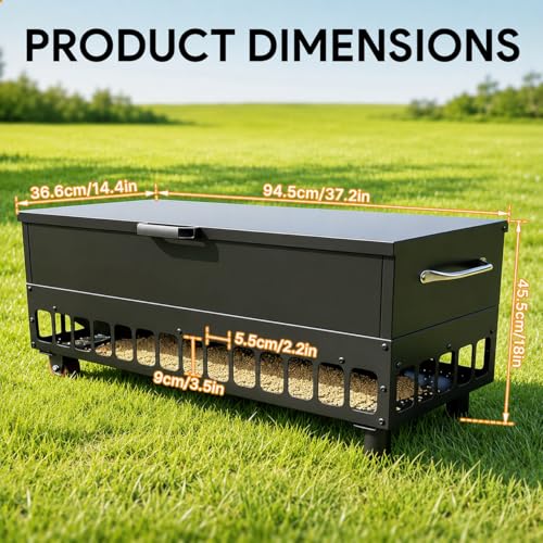 120LBS Automatic Metal Chicken Feeder,Heavy Duty Steel Chicken Feeder Box | Portable Chicken Feede Poultry Feeder with single-side casters and Weatherproof Lid for Ducks, Geese, Black