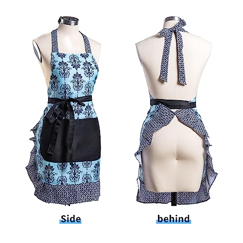 Lovely Flower Pattern Retro Aprons With Large Pockets for Women Girls Cooking Kitchen Bakery Mother's Gift - color: Dark Bloom