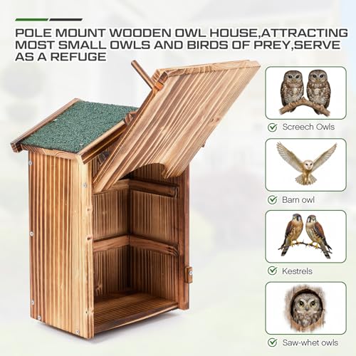 Yaocom Owl House with 12ft Pole Wooden Waterproof Nesting Box Outside | Screech Owls Guard Entry, Ground Socket Screws Included, For Kestrels Martins Bats, Prebuilt Ready Outdoor