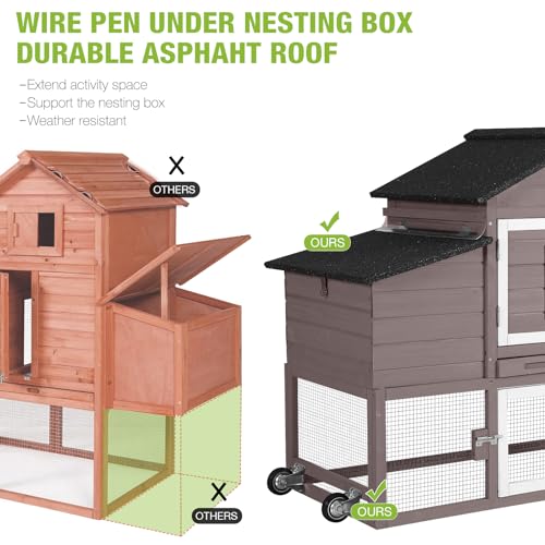 GUTINNEEN Chicken Coop Mobile Outdoor Chicken House Hen Coop with Wheels Nesting Box, Poultry Cage Duck House with Run - color: Brown