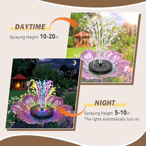 Yzert Solar Fountain for Bird Bath Colorful Lights Automatic Cycle 3.5W Solar Water Fountain Outdoor Garden 2200mAh Battery