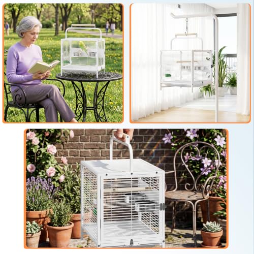 25.9''H Travel Bird Cage for Small Parrots Wrought Iron Portable Carrier Parrot Cage with Food Bowl/Perch, Slide-Out Tray for Canaries Budgies Parrotlets Lovebirds Conures Cockatiels, White | Wrought Iron Portable Carrier Parrot Cage w/ Slide-Out Tray for