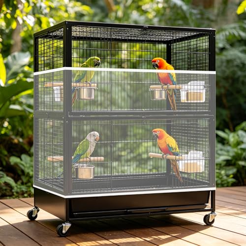 Bird Cage Cover, Circumference 40-68 inches Bird Cage Seed Catcher, White Bird Cage Net Cover, Adjustable Bird Cage Netting for Parrot Enclosures, Round Square Cages