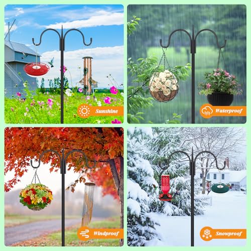 Heavy Duty Shepherds Hook 2 Pack 92" Double Hooks Adjustable (44/60/76/92") - Metal 5-Prong Base, 15lb Capacity - Easy Assembly Bird Feeder Pole for Hanging Planters, Lanterns, Wind Chimes - color: 2-Pack, size: 92" Double Hook