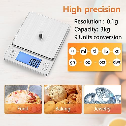 BOMATA Upgraded Small Food Scale with 0.1 g/0.001 oz High Precision | 3000 g/6.6 lb, New Hold Function, Larger Display, USB Rechargeable, Digital Kitchen Scale for Small Item, Jewelry. Sliver - size: 0.1g/3kg Silver